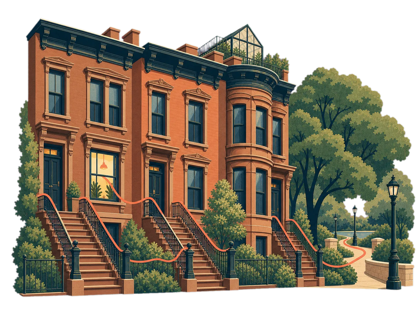 An illustrated neighborhood of Park Slope brownstones beside Prospect Park in Brooklyn